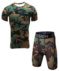 Polyester Men T Shirt and Tights Compression Set Fitness Workout Camouflage 3d Print Mma Rashguard Crossfit Gyms Clothing Trend3301456