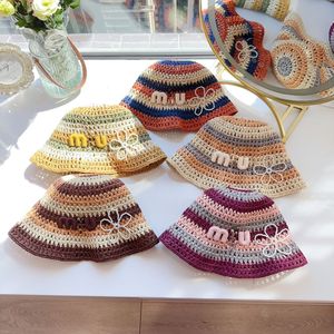 Rainbow colored designer bucket hat with dopamine style hand crochet woven straw hats with embroidered letters for fashionable vacation beach hat