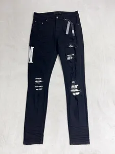 Calças de brim de luxo dos homens jeans casuais preto magro jean em linha reta calças magras joelhos tira de couro letras hip hop rua calça 29-40