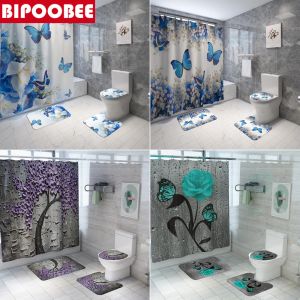 Tende Tende da doccia con stampa farfalla blu 4 pezzi Tappeto Copriwater Tappetino da bagno Set tenda da bagno con 12 ganci Decorazioni per la casa