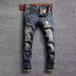 Men's Jeans Fashion Designer Men Retro Black Blue Slim Ripped Stretch Trousers Embroidery Patched Vintage Casual Denim Pants