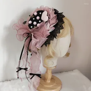 Chapéus de borda larga Vintage Victorian Headdress Flat Top Hat Ruffle Lace Lolita Palha com Cinta de Queixo Elegante Fita Flor Sol