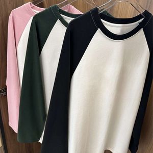 American Style Autumn/Winter 280G Long Sleeved T-Shirt For Women's Patchwork Raglan Sleeves, Contrasting Colors, Oversized Pure Cotton Base Shirt Style