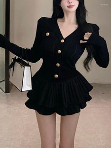 Vestidos de trabalho 2024 outono coreia moda terno de malha preto magro 2 peça saia conjunto casual elegante camisola feminina outwear y2k mini