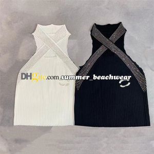 Sexy Hollow Out Knit Vest Rhinestone Cross Knit Tops Halterneck Knit Camisole Stylish Slim Fit T Shirt Summer Ladies Tees