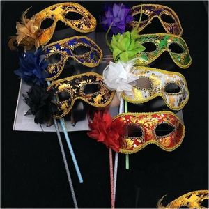 Party Masks Venetian Half Face Flower Mask Masquerade Party On Stick Y Halloween Christmas Dance Wedding Födelsedagstillbehör Drop Delive Dhgib