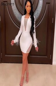 Beyprern Beautiful White Rhines Tiulle Feathers Accent Dress Glam Long Rleeve Crystal Studded Party Birthday Stroje Casual 6169264