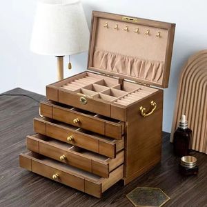 Drawer Jewelry Box Organizer Storage Chinese Style Pine Wooden Large High Capacity Luxurious Solid Wood Necklace Earrings 240309