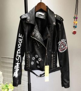 Schwarz Punk Graffiti Faux Leder Jacke Frauen Herbst Weibliche Dünne Kurze PU Mantel Damen Zipper Niet Crop Motorrad Biker Jacken3742796