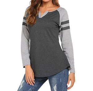 Maglietta a maniche lunghe raglan da donna039 Maglietta a maniche lunghe con design patchwork a righe con orlo curvo Vestibilità ampia Maglietta da baseball con scollo a V Henley Top1481087