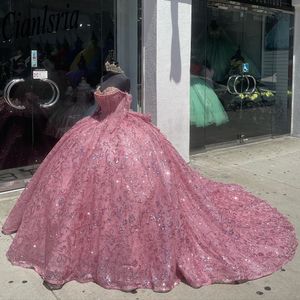 Rosa bollklänning quinceanera klänningar med långa ärmar examen klänningar snörning prinsessa söt 15 16 klänning vestidos de 15 anos