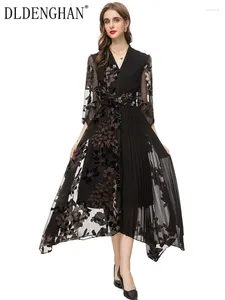 Casual Dresses DLDENGHAN Spring Jacquard Dress Women V-Neck Lantern Sleeve Elegant Party Pleated Fashion Designer