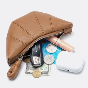 Luxury Genuine Leather Women Coin Purse Fancy Croissant Fashion Lady Small Zip Hobo Wallet Brand Retro Mini Makeup Pouch Bag 240229