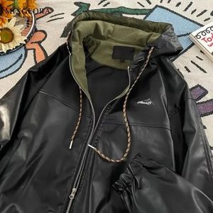 Gmiixder Streetwear Leather Jackets för män och kvinnor Lossa huva Highend Pu Coat Retro Motorcykel Baseball Uniforms 240311