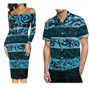 Partykleider Hohe Qualität Sommer Damen Enges Off-the-Shoulder-Kleid mit Herren-Aloha-Hemd Polynesian Design Paaranzug für