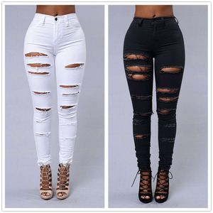 Neue Frühling Sommer Elastische Hose Schwarz und Weiß Zerrissene Jeans Mode Sexy Dünne Denim Bleistift Hosen S-3XL Drop Shipping