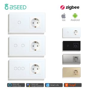 Bseed Zigbee Wall Touch Switches 123 Gang EU Standard Light Switch Socket Plug Tuya Smart Life Control No Neutral 240228