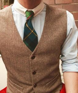 Rustic Brown Groom Vests Country Wedding Wool Tweed Slim Fit Men039s Vest For Suit Dress Waistcoat Farm Groomsmen Attire Cheap 6939071