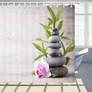 Tende per doccia Zen in bambù verde a maglia set, pietre spa e orchidee fiori in tessuto in tessuto in poliestere con ganci decorazioni da bagno