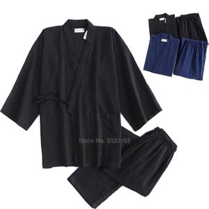 Kimono pijama conjunto para samurai homens algodão tradicional japonês calças superiores cor pura casual respirável yukata sleepwear 210901252r