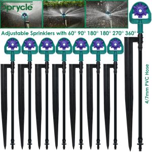 Kits Sprycle Water Drip Irrigation Justerbara sprinklers 60/90/180/270/360 Grad 195mm Stake for Wating Poted Plants Garden Tarktor Trädgårdsverktyg