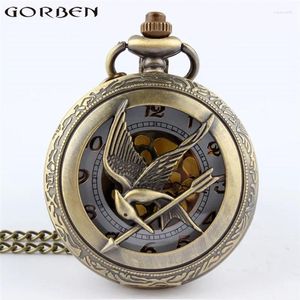 Relógios de bolso Retro Bronze O Relógio de Quartzo Oco Esqueleto Pássaro Relógio Pingente Presentes Para Homens Mulheres