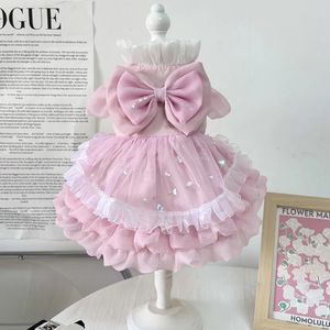 Primavera bonito rosa vestido de princesa para cães pequenos médios chihuahua yorkshire roupas para cães de estimação artesanal algodão rendas arco saias 240305