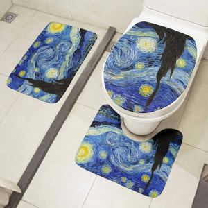 Mats Tuvalet Mat Seti 3D Van Gogh Yağlı Boya Ayçiçeği Yıldızlı Gece Zemin Kamaları Banyo Duş Pazen Slip Halı Tuvalet Yastığı