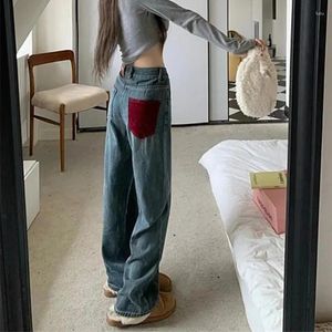 Jeans femininos mexzt y2k vintage mulheres streetwear cintura alta emendado contraste cor perna larga calças jeans fazer velho baggy calças retas