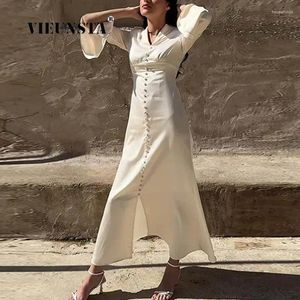 Casual Dresses Women Elegant Single-Breasted Solid Dress Lady Flare Sleeve Vintage Maxi Spring V-Neck Palace Style Satin Slim Long