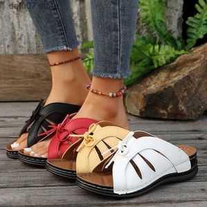 Slippers Large Bow Flat Bottom Slope Heel 2024 New Solid Color Shake Line Hollow Fish MouthH240313