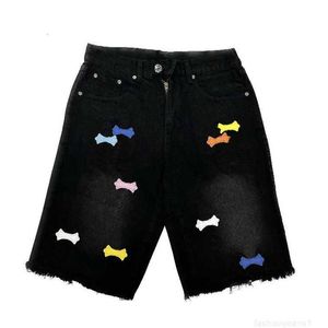Men's Shorts The correct version of Croix patch with cross flower embellishments, washed patch leather jeans, high street American unisex trend 6B95