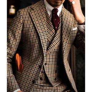 Siyah yeşil 3 renk küçük kare bin kuş adamlar takım elbise kıyafetli çentik yaka blazer pantolonlar 3pcs ceket pantolon yelek