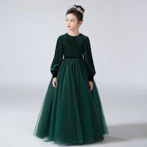 Flickaklänningar DideyTtawl Flower Girls Dress for Party Longeples Formal Pageant Gown Vintage Velvet Sleeve O-Neck Junior Bridesmaid