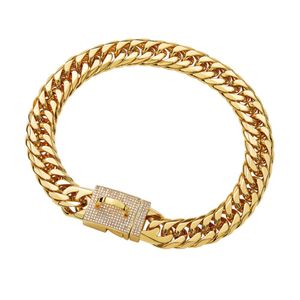 Diamond Golden Pet Chain Necklace 16mm breda rostfritt stål hundkrage Doberman Bulldog Pug Pug Puppy Supplies225d