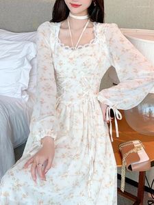 Casual Dresses Women's Y2K Midi Dress Korean Fashion Sweet Retro Flower Party Full Sleeve Spring Elegant Lace For Women