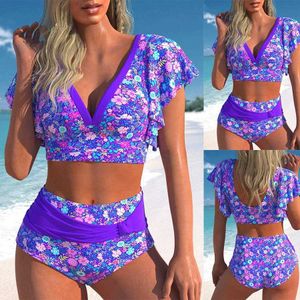 Swim Wear Summer Ladies Purple Floral Vest and Shorts Two Piece Swimsuit med små flygande ärmar och sexig stranduppsättning S-5XL Aquatic Sports 240311