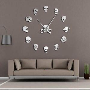 Olika skallehuvuden DIY Horror Wall Art Giant Wall Clock Big Needle Frameless Zombie Heads Large Wall Watch Halloween Decor 20111860