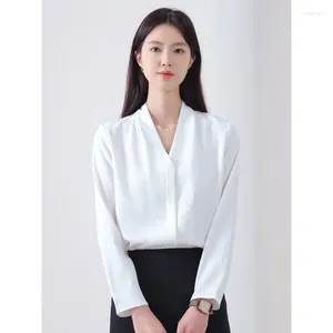 Women's Blouses Satin Acetate Shirt Summer Fashion Loose Elastic Breathable Long-Sleeved Temperament Professional Top Work