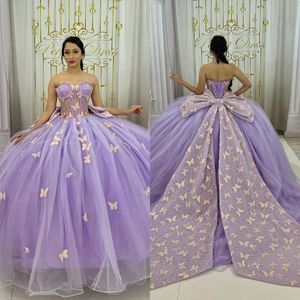 Lavendelprinsessan fjäril klänningar bollklänning illusion älskling applikationer bågen knut vestido de quinceanera tulle söt maskerad klänning