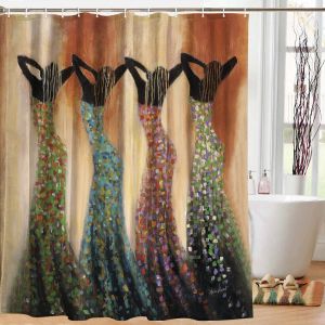 Curtains African Woman Shower Curtain, Drawing Tribal Dress Local Frauen Silhouette Dance of The Summer Solstice Bathroom Decor Set,hooks