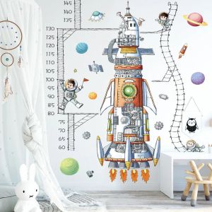 Stickers Cartoon Space Rocket Height Measure Wall Sticker For Kids Rooms Growth Chart Nursery Room Decor Wall Art Creative Wallpaper