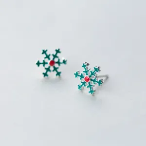 Studörhängen MloveAcc Novelty Green Emamel Snowflake Earring For Women Child 925 Sterling Silver Small Christmas Gift