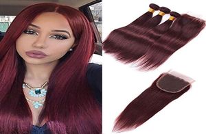 Wine Red Brazilian Virgin Hair with Closure 99j Burgundy Brazilian Straight Human Hair Weave 3Bundles with Lace Closure 4x4 Lace T5203464