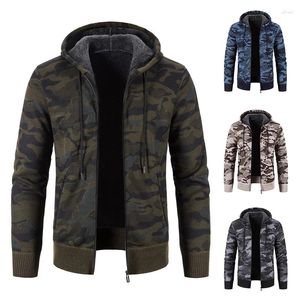 Camisolas masculinas cardigan de malha com capuz com zíper camisola casaco militar outono inverno velo grosso lã quente moda camuflagem jaqueta