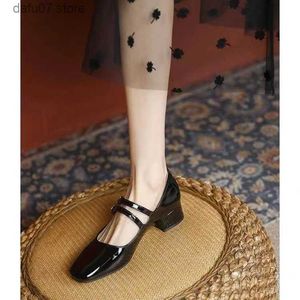 Dress Shoes Silver square toe single shoes for womens 2024 summer new double buckle Mary Jane with thick heels high small leather balletH240313