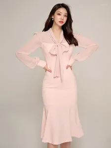 Abiti casual moda coreana primavera autunno abito lungo avvolgente all'anca donne abiti da donna elegante formale dolce magro Midi Mujer Robe Femme