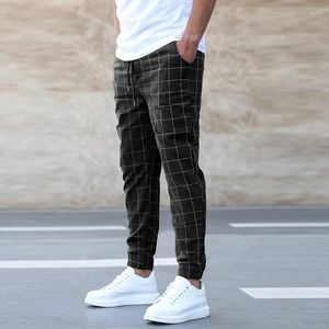 Men's Pants Fashion Plaid Casual Rope Cargo Drawstring Loose Hip Hop Slim Trouser