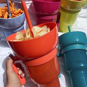 Tumblers 2-in-1 Snack Drink Cup Popcorn Water Leakproof Stadium Tumbler With Bowl Straw Reusable For Cinema