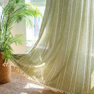 Curtains Sage Green Boho Farmhouse Curtains for Bedroom Living Room Country Spring Cute Textured Window Curtain 1 Panels Tassel Draperies